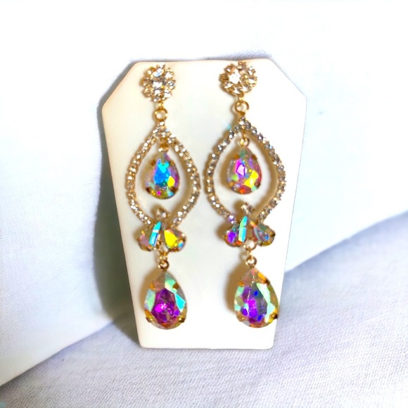 Crystal AB Teardrop Earrings Rhinestone Dangle Earrings Bridal Prom Jewelry - Picture 6 of 10